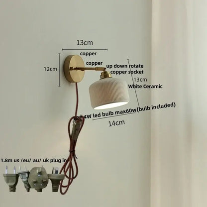 White ribbed ceramic led wall sconce with a polished copper arm for bedroom decorbites ceramic led lighting