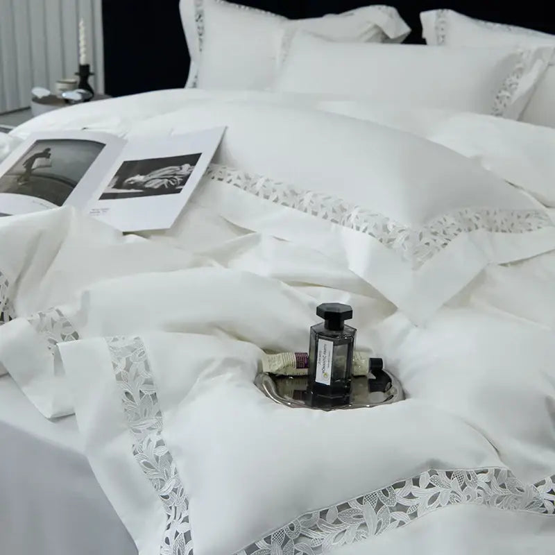 White satin lace bedding set with delicate trim made from decorbites 1200tc egyptian cotton for bedroom decor