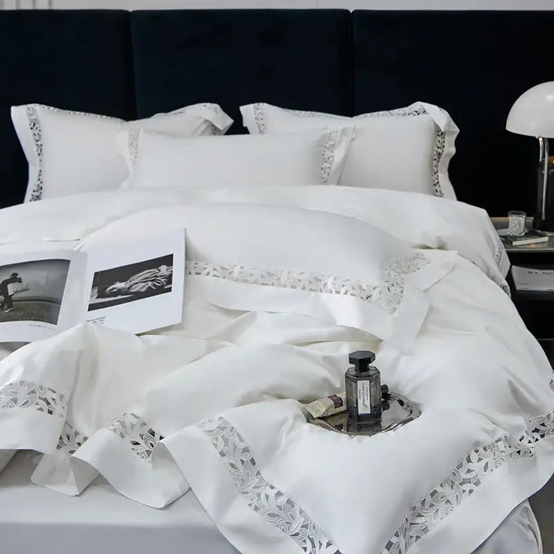 White satin lace 1200tc egyptian cotton bedding set with delicate silver lace trim for elegant bedroom decorbites 1200tc egyptian