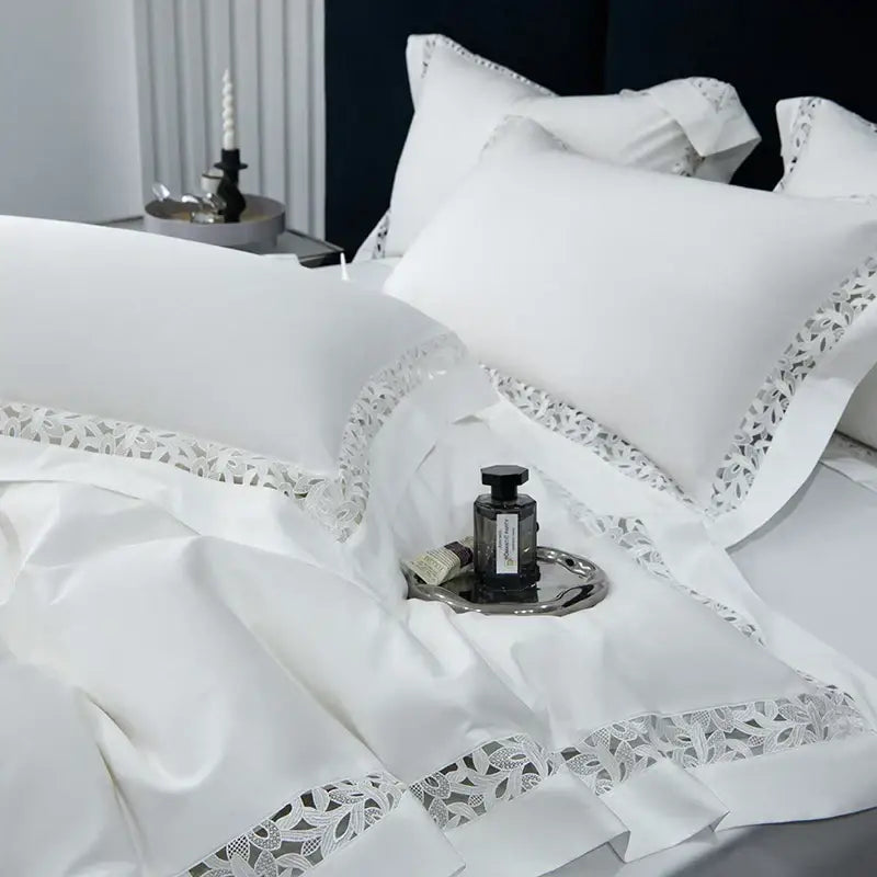 Elegant white satin lace 1200tc egyptian cotton bedding set with delicate floral embroidery for bedroom decorbites 1200tc egyptian