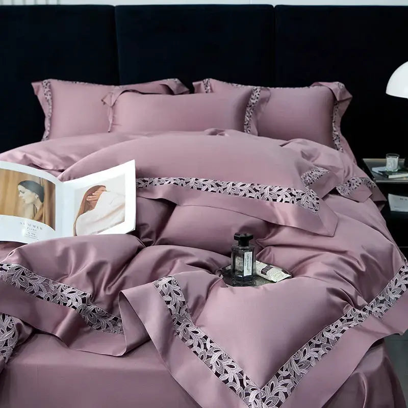 Luxe mauve satin bedding set with delicate black lace trim in decorbites 1200tc egyptian cotton for elegant bedroom decor