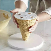 White silicone ice cream layer cake frame kit with circular top, four small holes, and central tube for baking