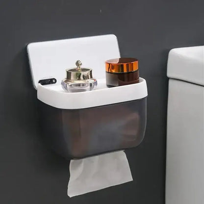 White translucent wall-mounted smart toilet paper holder with induction light holding two cosmetic jars on top shelf