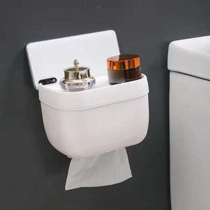 White smart sensor toilet paper holder with induction light and integrated storage compartment for toiletries mounted on wall