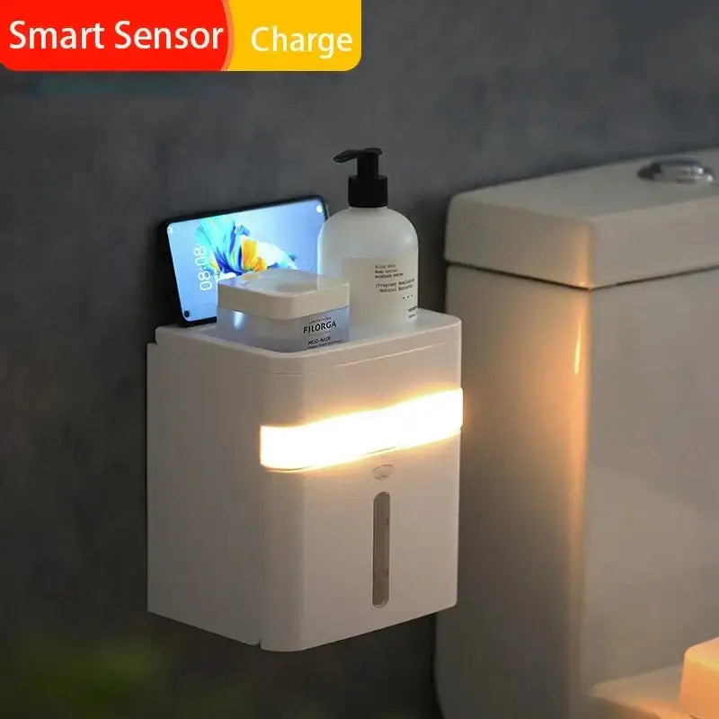 White smart sensor toilet paper holder with induction light, wall-mounted tissue dispenser, led lighting, and phone charging slot