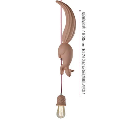 Beige squirrel-shaped pendant light with textured tail and exposed bulb as a decorative focal point for bedroom