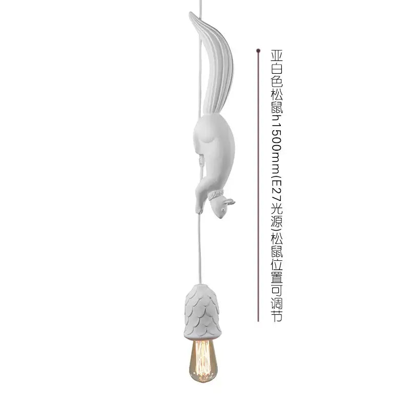 White squirrel pendant light with textured pinecone base and exposed edison bulb as a decorative focal point