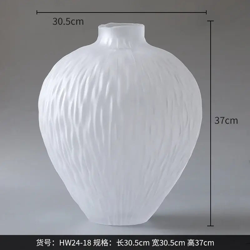 White textured ceramic glass pleats vase with frosted vertical ridges for living room flower decor