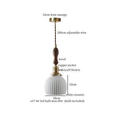 White ceramic pendant light with ribbed design wooden handle and brass accents for decorbites ceramic led hanging