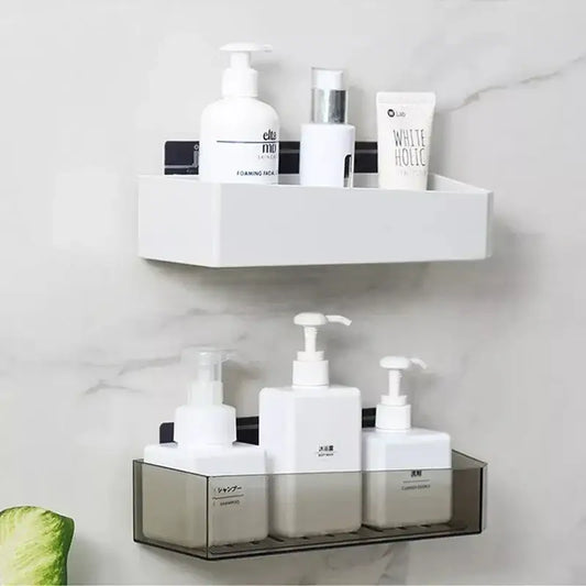 White and translucent plastic bathroom shelves wall storage rack with black magnetic strips for secure attachment