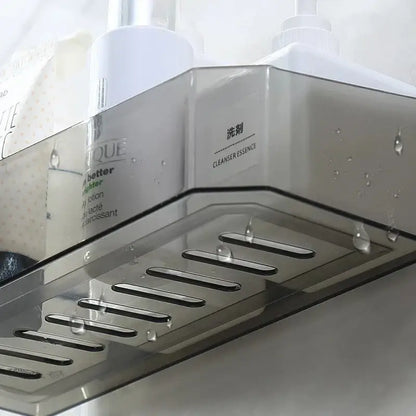 White and translucent clear plastic bathroom shelves wall storage rack with sleek angular design and black drainage area