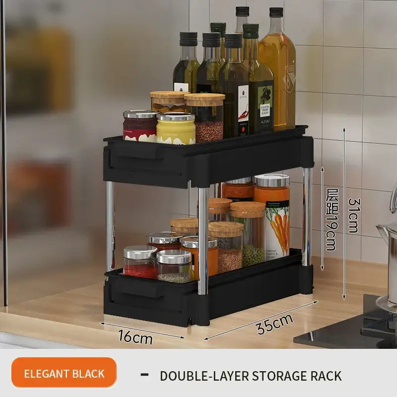 Elegant black double-layer sliding drawer organizer with sleek design and sturdy metallic legs for kitchen storage