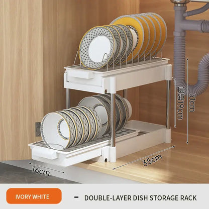 Ivory white two tier sliding drawer organizer with sleek metal supports and compact space-saving design for kitchen storage