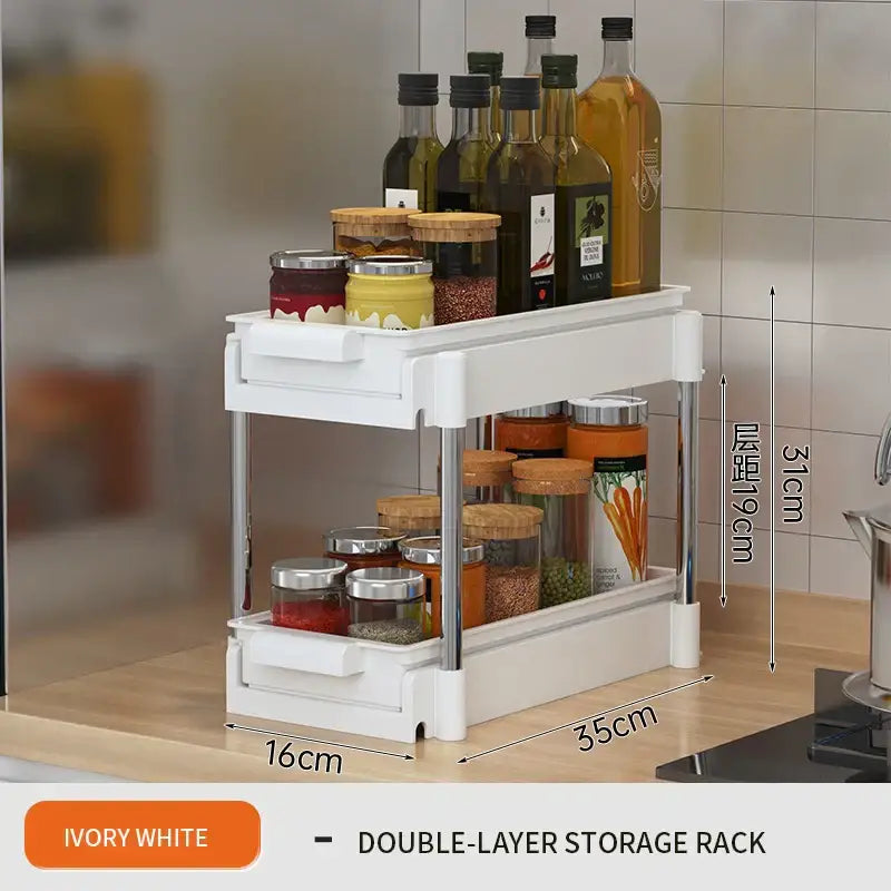 Ivory white two tier sliding drawer organizer with double-layer metal rack and sleek modern design for kitchen storage
