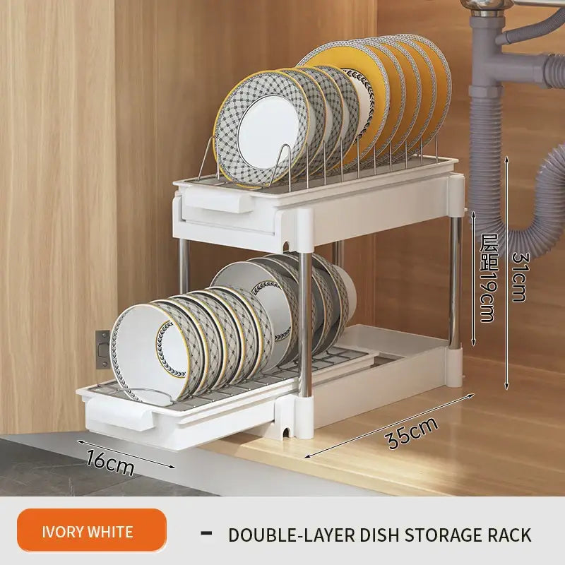 Ivory white two tier sliding drawer organizer with double-layer dish rack and sleek metal supports for kitchen storage
