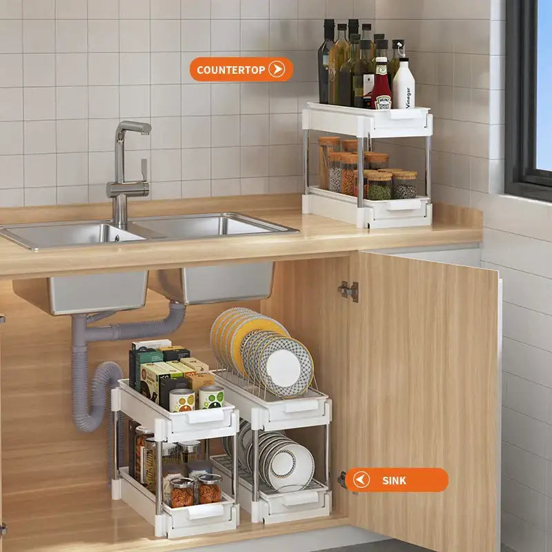 White two tier sliding drawer organizer kitchen storage rack with metal shelves and clear glass jars for drawer organizer use