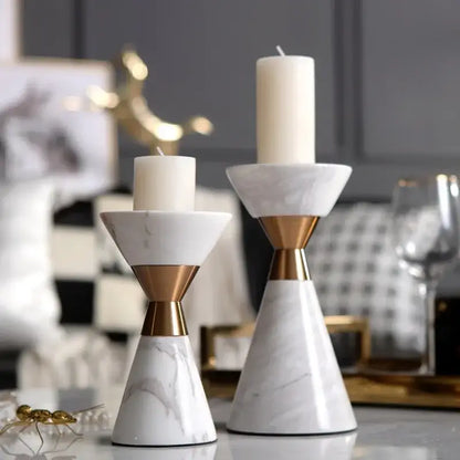 White volakos marble wedding candlesticks with gold metal bands for elegant dining room decorbites golden metal accents