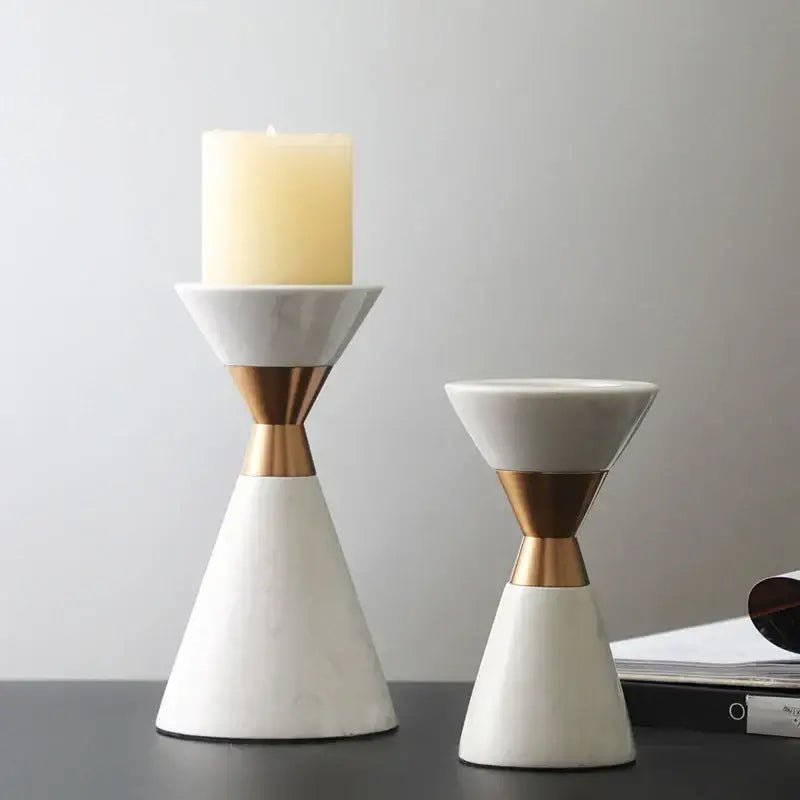 White volakos marble wedding candlesticks with gold-toned decorbites golden metal bands for elegant dining room decor