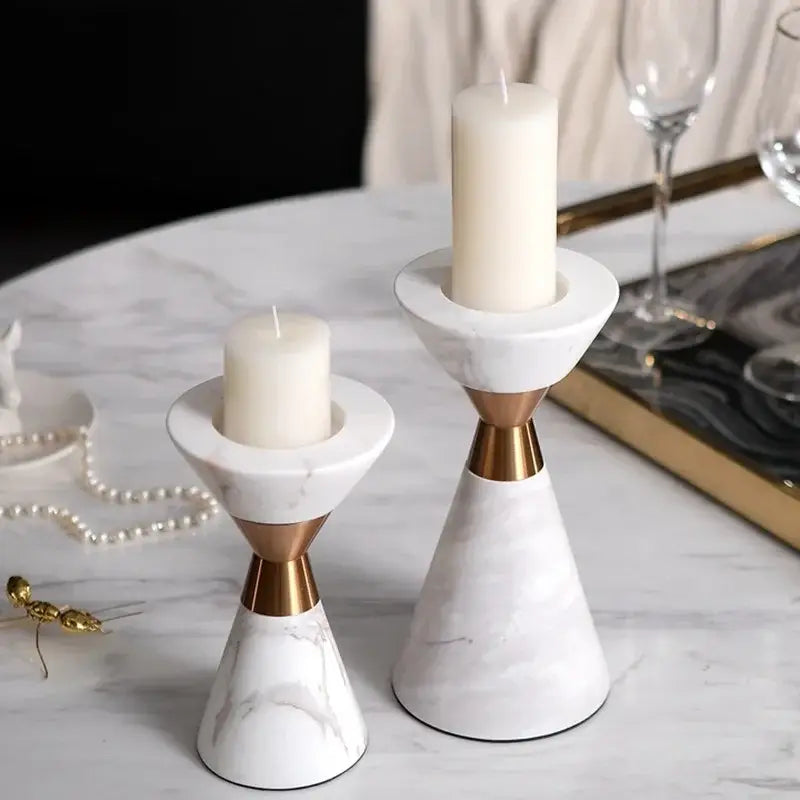 White volakos marble wedding candlesticks with golden metal accents for elegant dining room decorbites decor