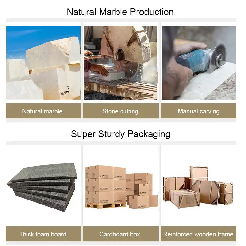 Collage showing natural marble production and super sturdy packaging of white volakos marble wedding candlesticks decorbites golden metal