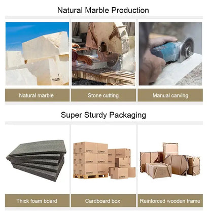 Collage showing natural marble production and super sturdy packaging of white volakos marble wedding candlesticks decorbites golden metal