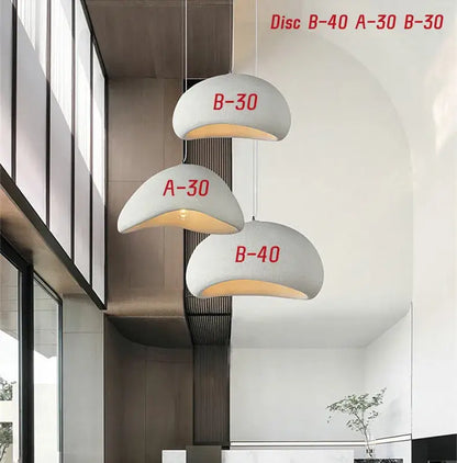 Modern white disc handmade wabi sabi triple dome pendant lamp with red model labels for minimalist dining room decorbites design