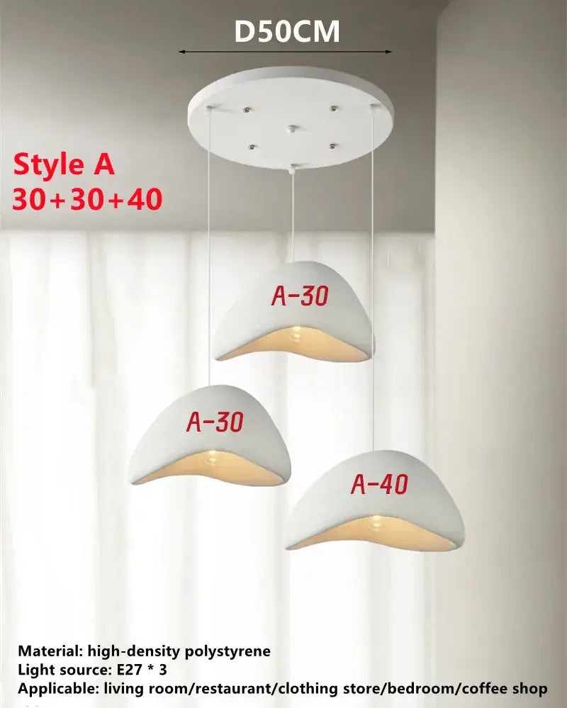 White wabi sabi triple dome pendant lamp with three curved shell-shaped high-density polystyrene shades decorbites handmade wabi