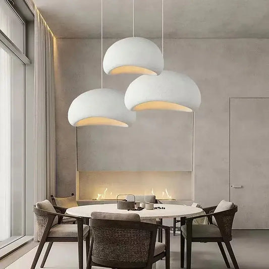 Three white dome-shaped pendant lamps handmade wabi sabi by Decorbites for dining room decor