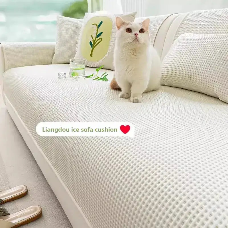 White waffle weave ice silk sofa pad featuring a textured waffle weave pattern for living room cushions