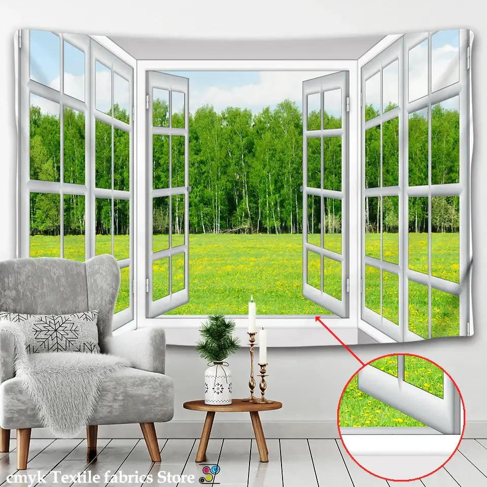 White window landscape wall tapestry featuring a 3d decorbites 3d landscape of green trees and yellow flowers for bedroom decor