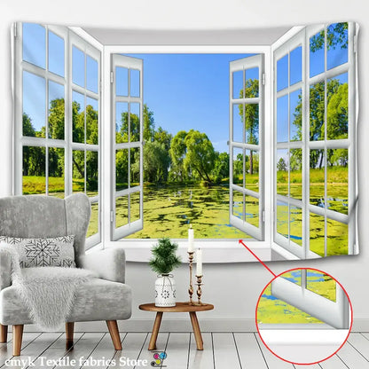 White window landscape wall tapestry featuring a 3d decorbites scenic outdoor view with green trees and water