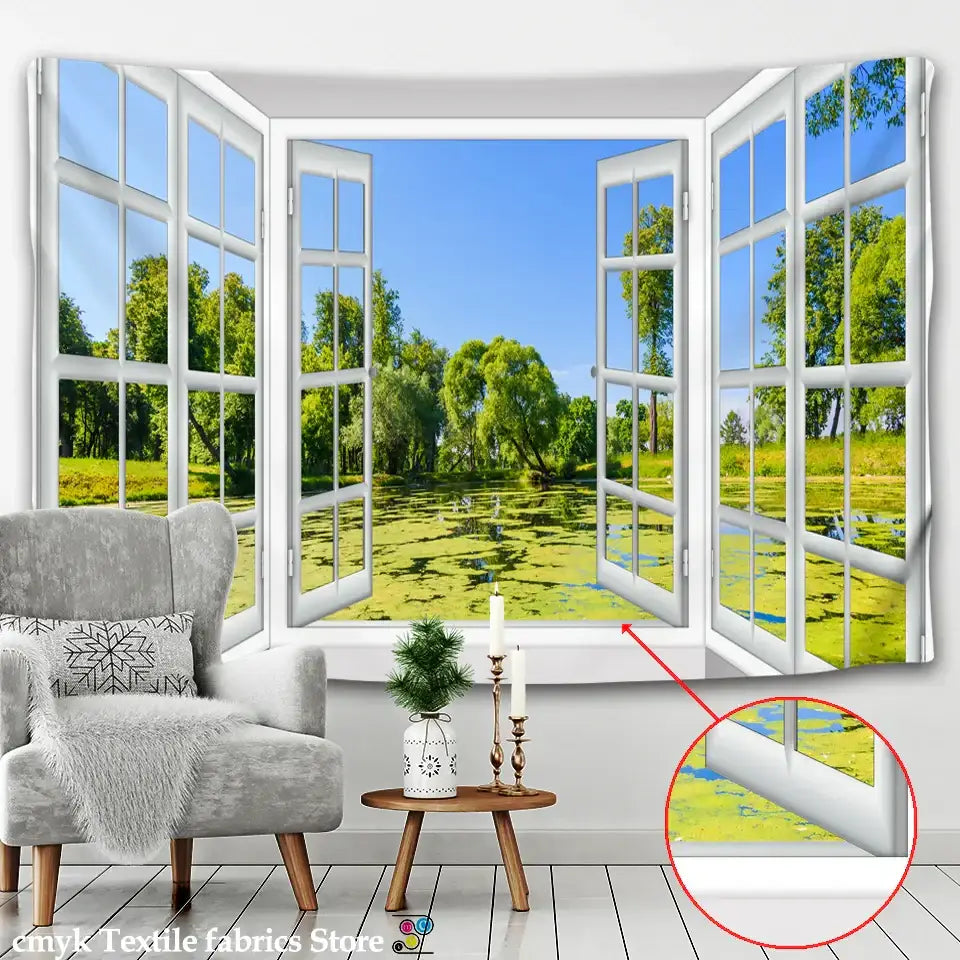 White window landscape wall tapestry featuring a 3d decorbites scenic outdoor view with green trees and water
