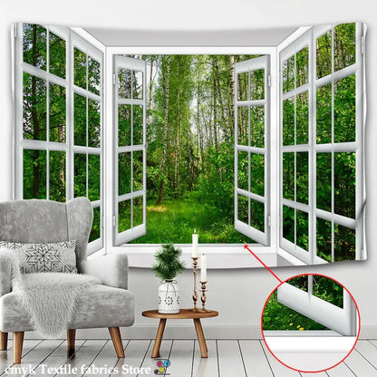White window frame tapestry featuring a lush green forest scene for decorbites 3d landscape window wall tapestry use
