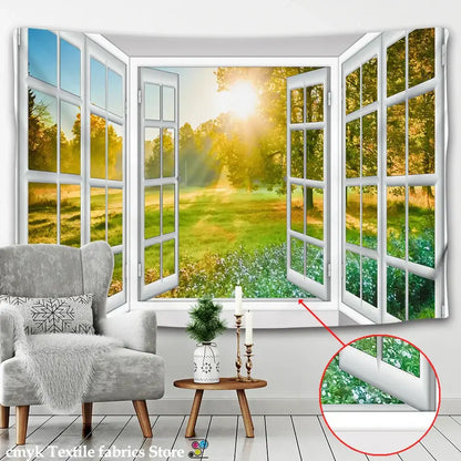 White window landscape wall tapestry depicting a sunlit green field with trees featuring detailed 3d decorbites design