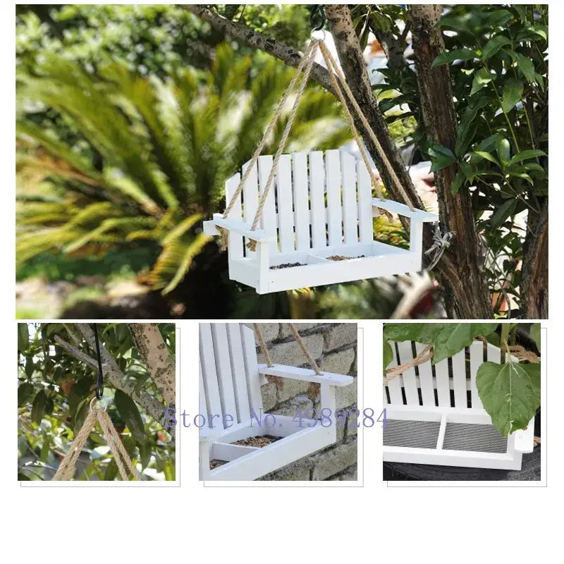 White plastic bird feeder chair designed as miniature adirondack chair suspended by natural fiber ropes