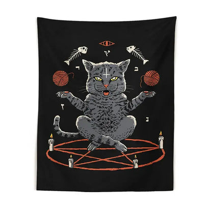 Witchcraft black cat coven tapestry featuring a gray cat meditating on an orange pentagram with candles and yarn balls