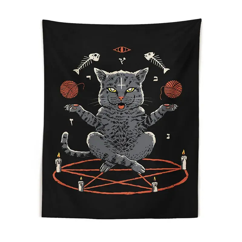 Witchcraft black cat coven tapestry featuring a gray cat meditating on an orange pentagram with candles and yarn balls