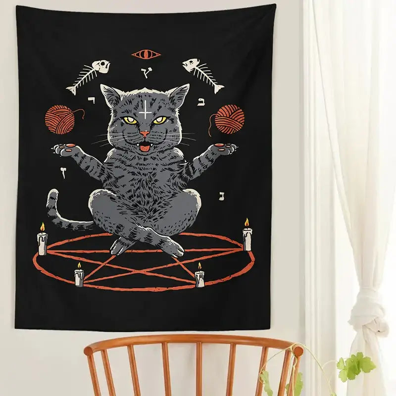 Black tapestry cat coven tapestry featuring gray cat with yellow eyes on orange pentagram with candles and yarn balls
