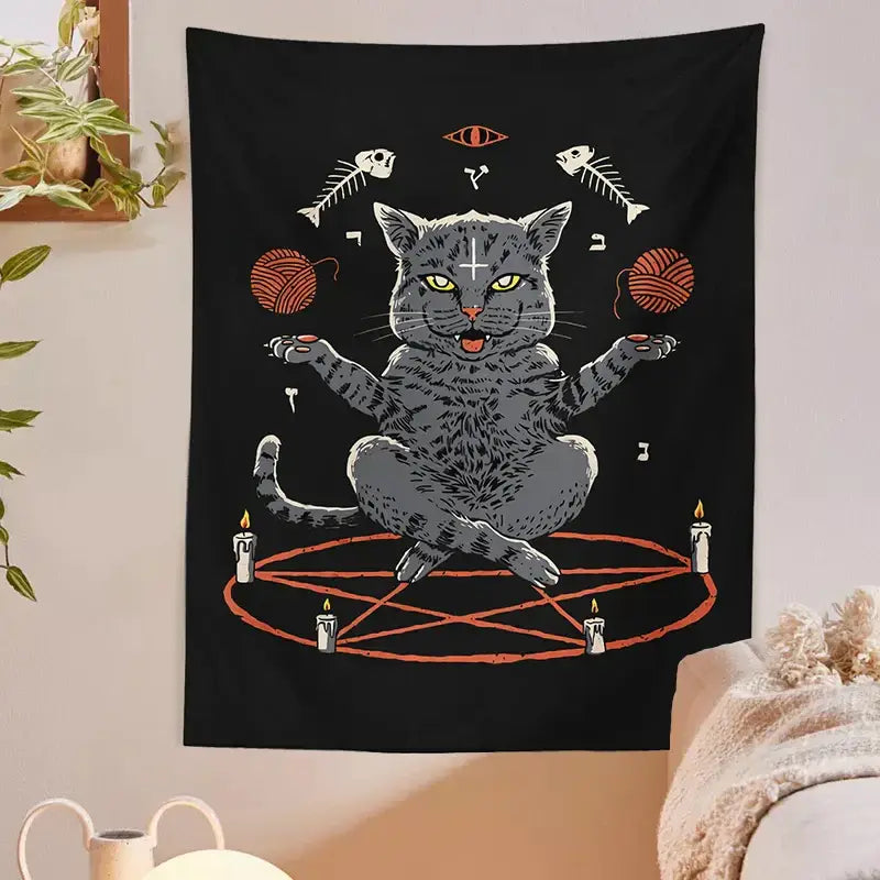 Witchcraft black cat coven tapestry with gray cat meditating on pentagram surrounded by candles for bedroom decor