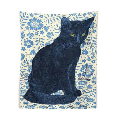 Witchcraft black cat tapestry wall hanging with embroidered texture and glowing green eyes on cream blue floral decorbites black cat decor