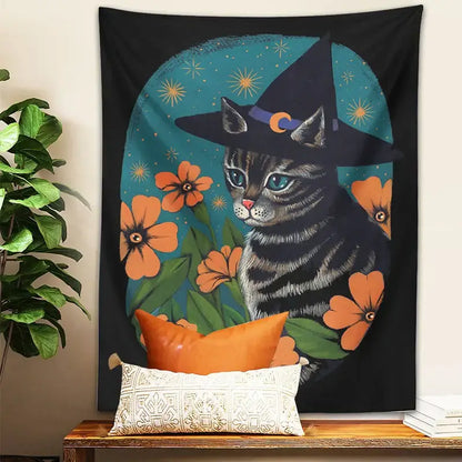 Black tapestry wall hanging featuring a gray tabby cat with a witch hat on a starry teal background for decorbites cat tapestry
