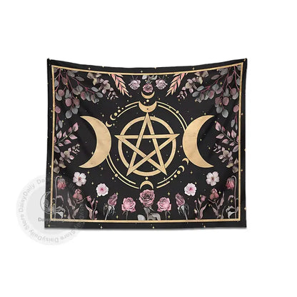 Black tapestry decorbites botanical floral moon featuring gold pentagram crescent moons and pink roses for living room decor