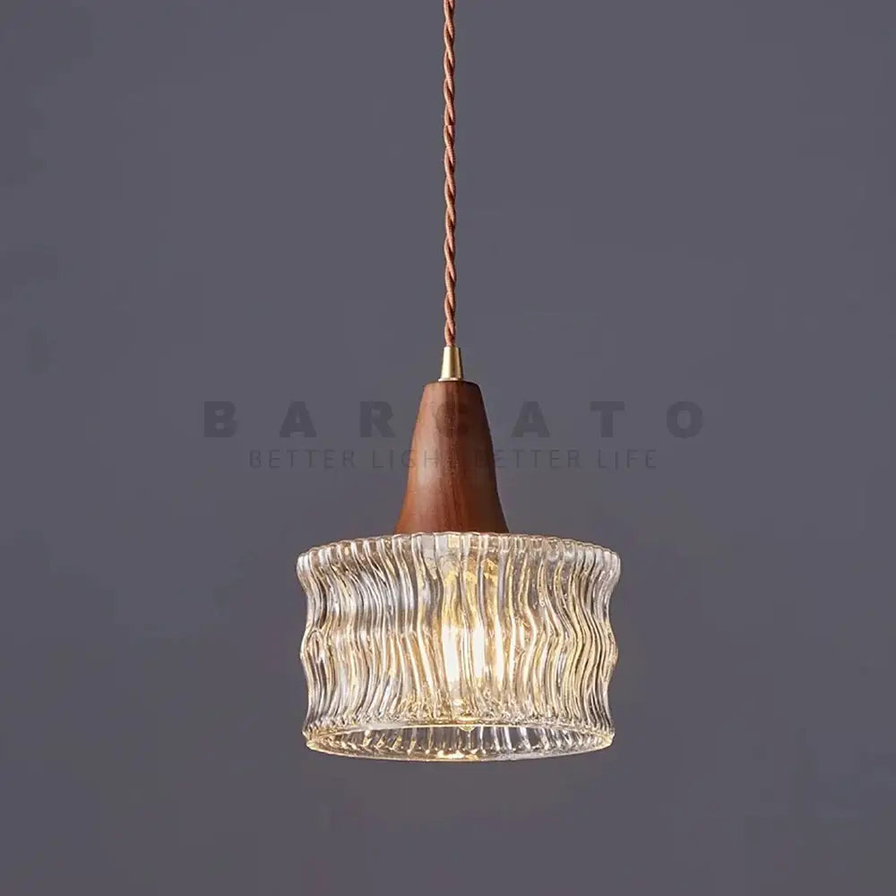 Wood and textured glass pendant light with warm tone and wooden conical top compatible with led bulb for dining room