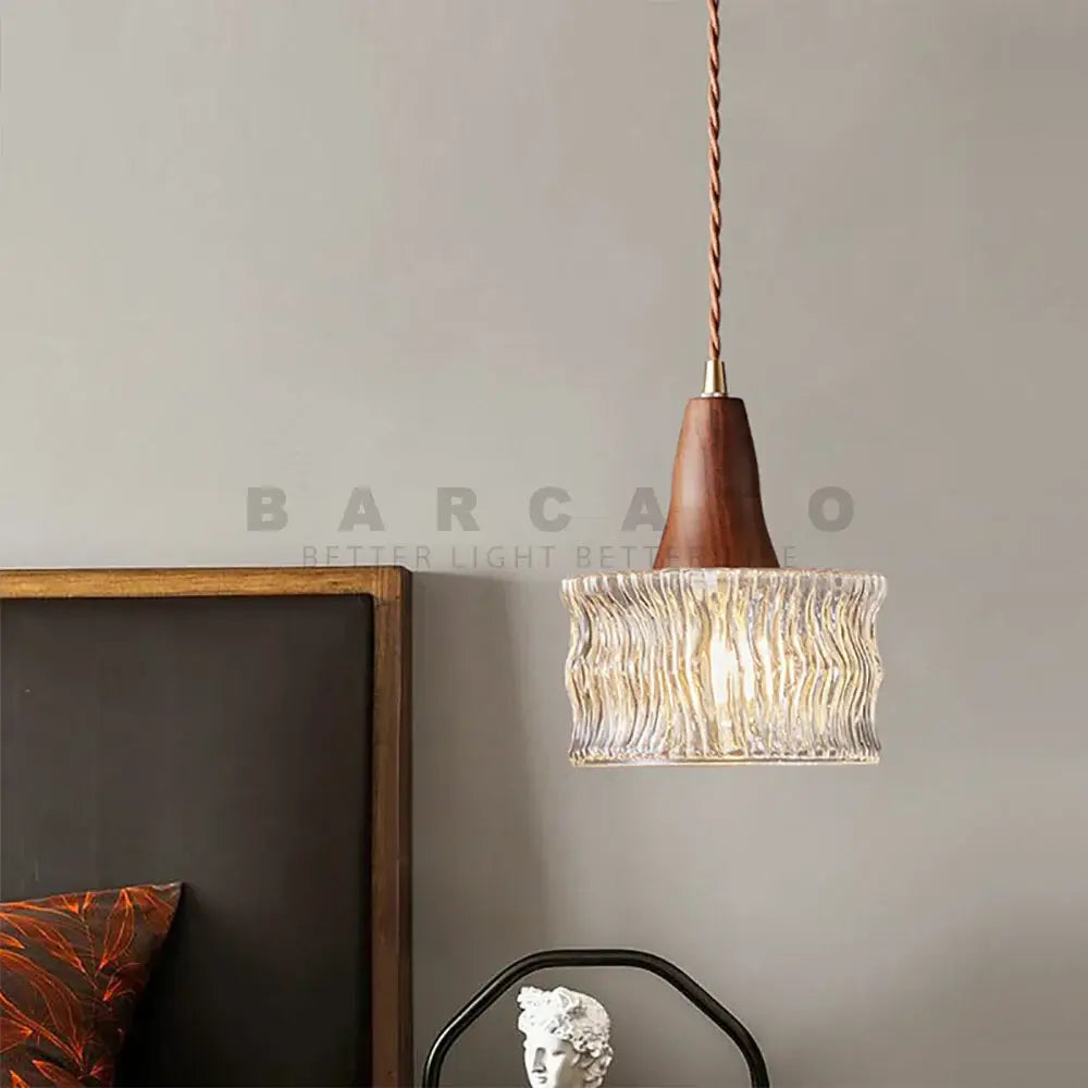 Wood and textured glass pendant light with wooden conical top and twisted copper cord compatible with led bulb