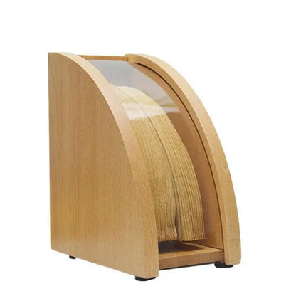 Light wood-toned curved desktop paper towel dispenser with clear acrylic front panel for decorbites barista filter storage box