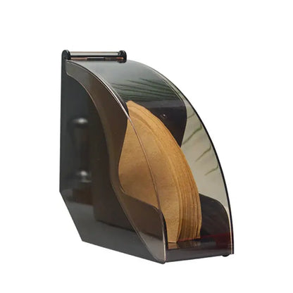 Wood and black decorbites barista filter storage box with acrylic dispenser holding light brown paper filters