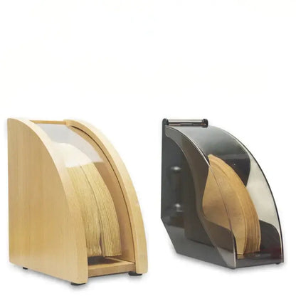 Two sleek wood and black decorbites barista filter storage boxes with transparent fronts for organized coffee filter storage