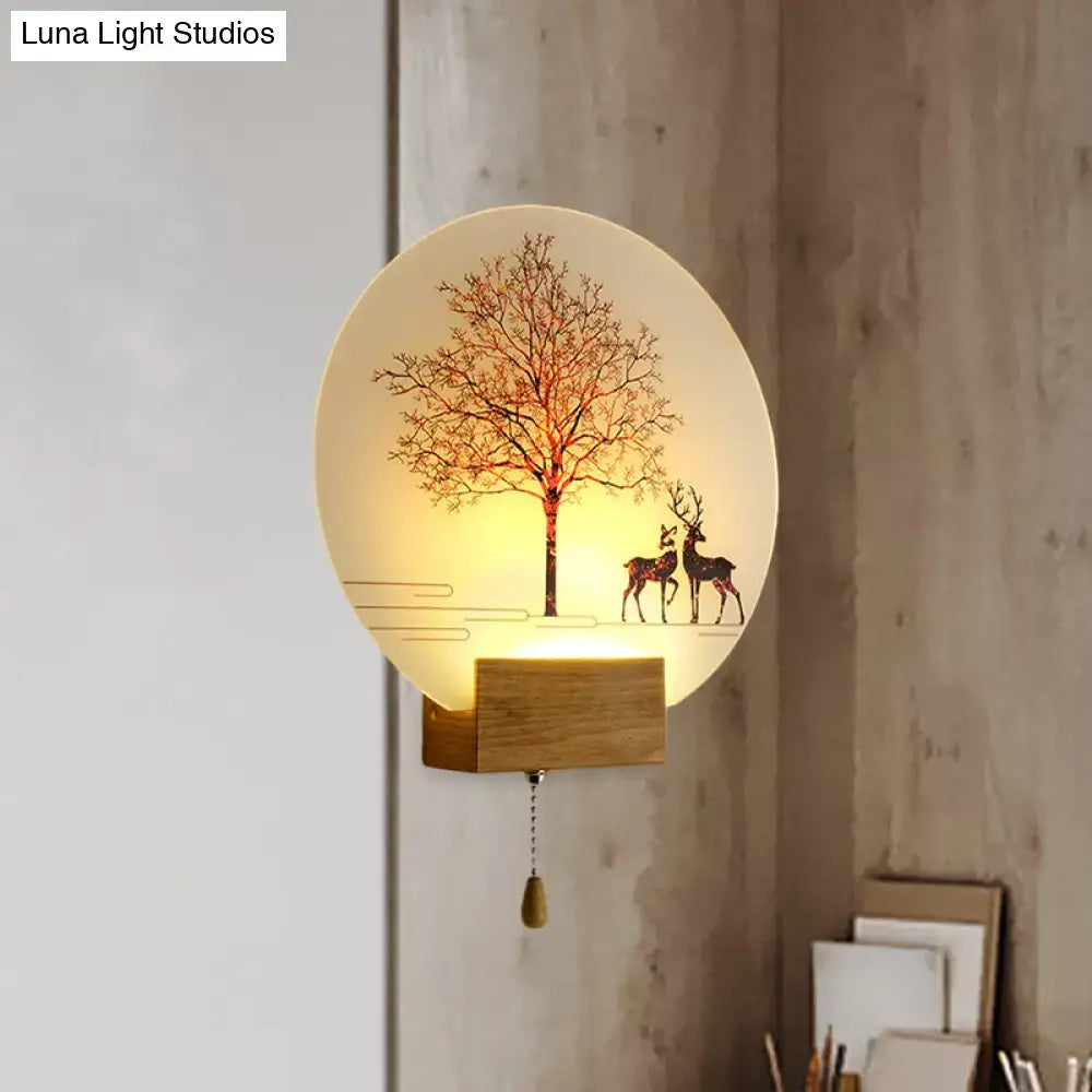 Circular wood deer tree mural led wall lamp with pull chain and maximum bulb wattage on translucent off-white glass