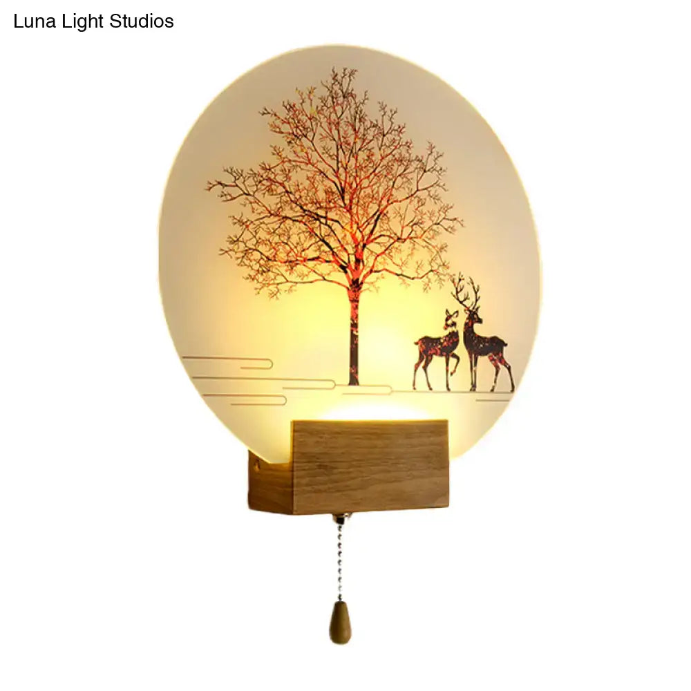 Wood deer tree mural led wall lamp with pull chain features warm amber light and carved silhouette wood base max bulb wattage 40w