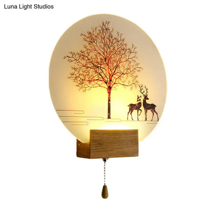 Wood deer tree mural led wall lamp with pull chain features warm amber light and carved silhouette wood base max bulb wattage 40w